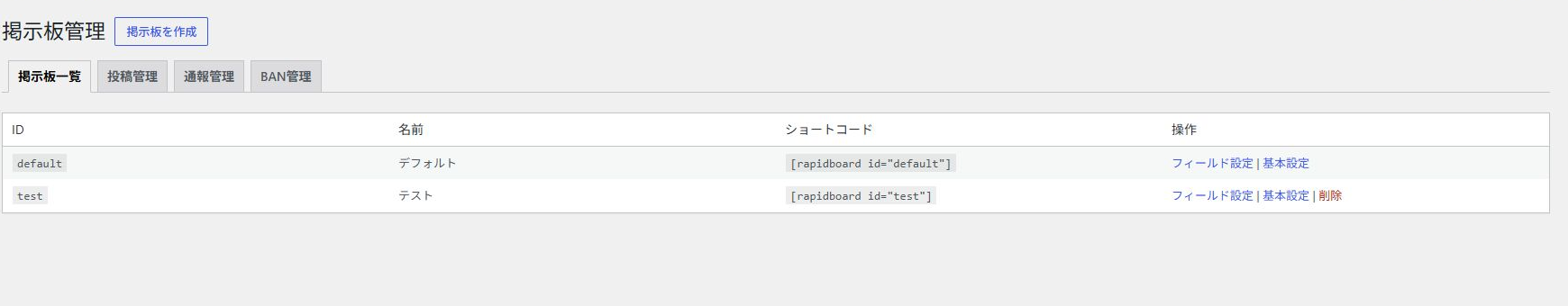 RapidBoardの実際の掲示板管理画面。複数の掲示板とショートコードを一覧で管理できる